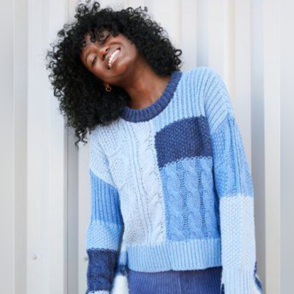 Aerie Patchwork Blue Crew Cable Knit Sweater Size XS